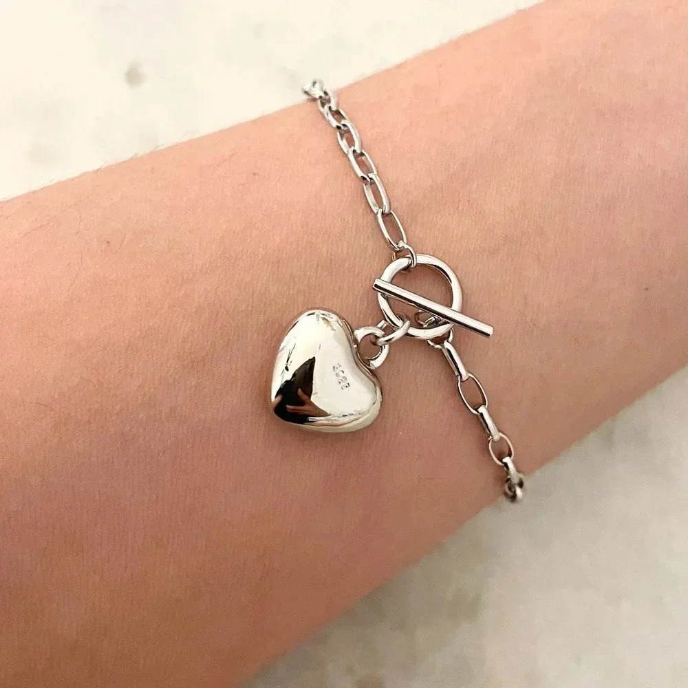 925 Sterling Silver Heart Pendant Bracelet Toggle Bracelet - Picture 4 of 4